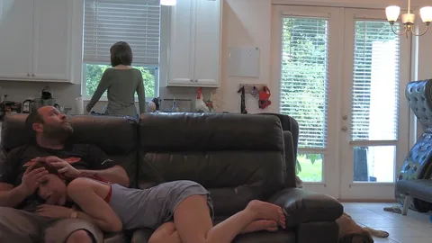 Wife in kitchen while daughter takes it deep 🍑