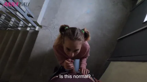 Shy sister finally sucked brother off in stairwell