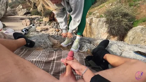 One rides his cock, one sucks — public fuck session — frame