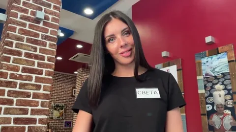 Waitress secretly fucking in restaurant restroom, quickie — frame