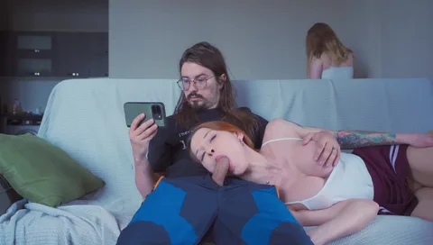My man's girlfriend sucks him while I take his cum — frame