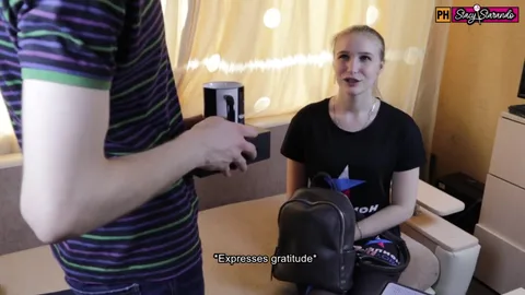 Courier delivers gifts: mug, condom, and her pussy — frame