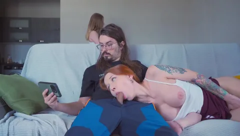 My man's girlfriend sucks him while I take his cum — frame