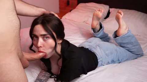 She closes her eyes, waits for his cum on face and tits — frame