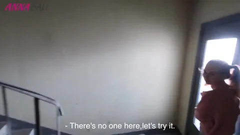 Shy sister finally sucked brother off in stairwell — frame