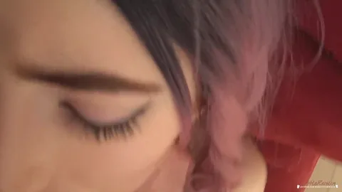Pink-braided sister cums twice on brother's cock — frame