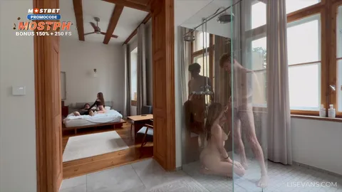 Woke him up for sex, then joined friends in shower — frame