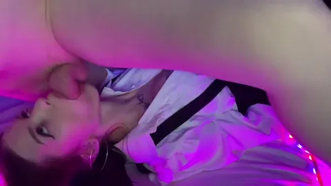 Rolls eyes, chokes on cock while he grabs her throat — frame
