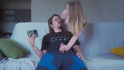 My man's girlfriend sucks him while I take his cum — frame