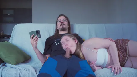 My man's girlfriend sucks him while I take his cum — frame