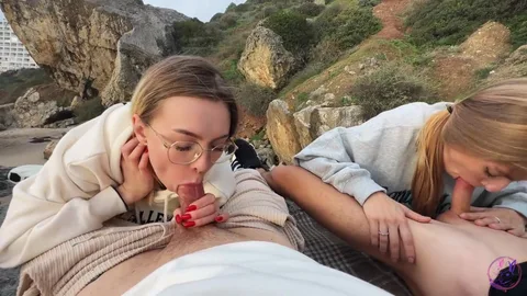 One rides his cock, one sucks — public fuck session — frame