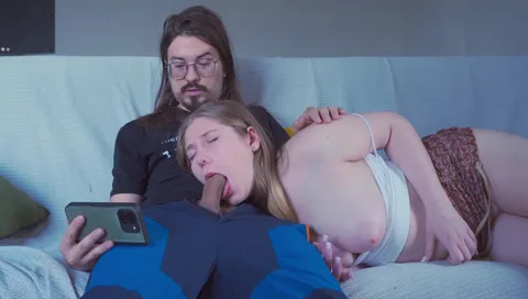 My man's girlfriend sucks him while I take his cum — frame