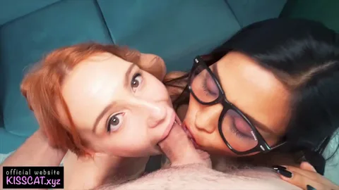 Tattooed Asian girl invited for double blowjob π β frame