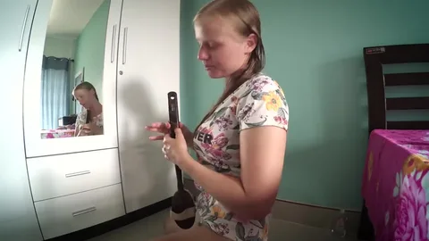 Russian Sasha takes long brush up her ass by mirror — frame